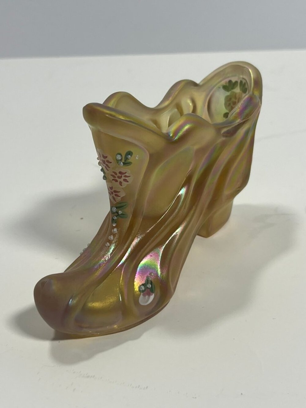 Fenton Opalescent Satin Boot Slipper Hand Painted Signed By Artist